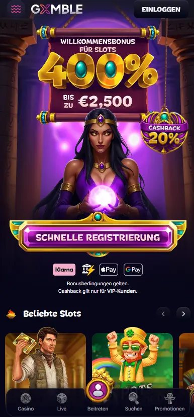 Gxmble mobile Ansicht Mobile Ansicht von Gxmble mit Willkommensbonus, Zahlungsmethoden und beliebten Slots