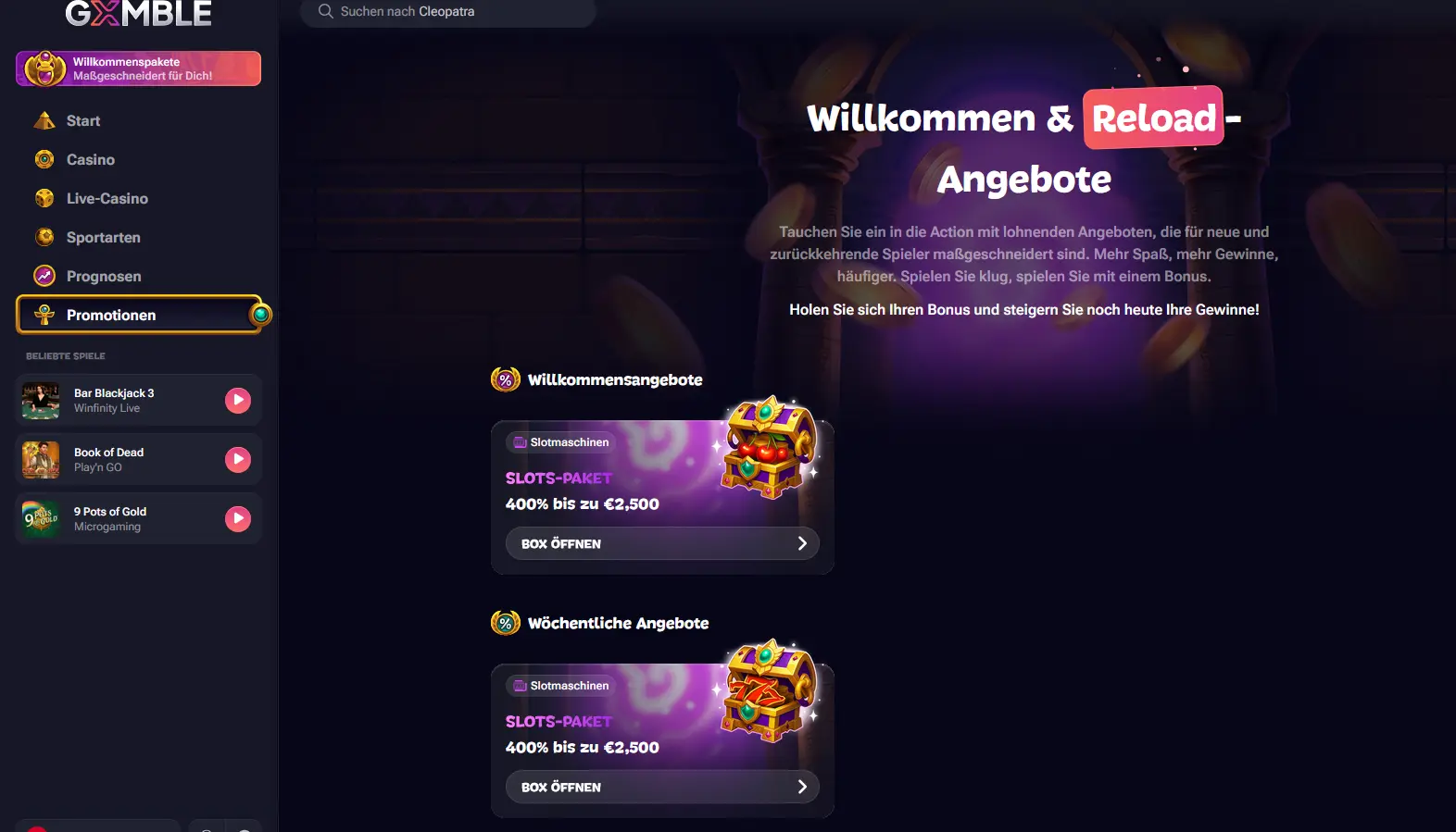 Bonusübersicht von Gxmble mit Willkommensangeboten und wöchentlichen Aktionen