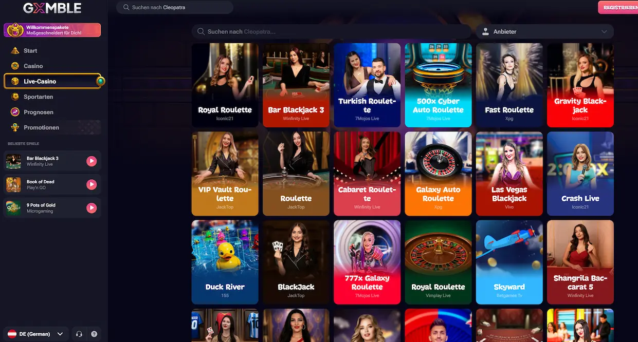 Live-Casino-Lobby von Gxmble mit Roulette- und Blackjack-Tischen von echten Dealern