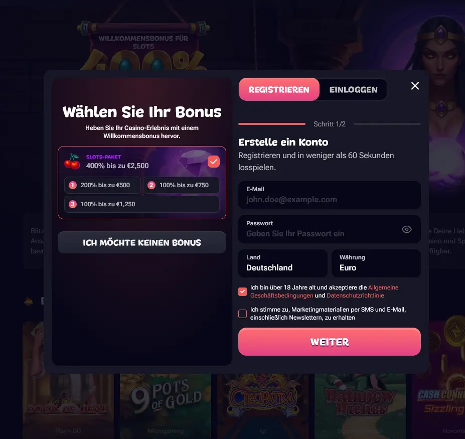 Registrierung bei Gxmble Registrierungsformular von Gxmble mit Auswahl des Willkommensbonus