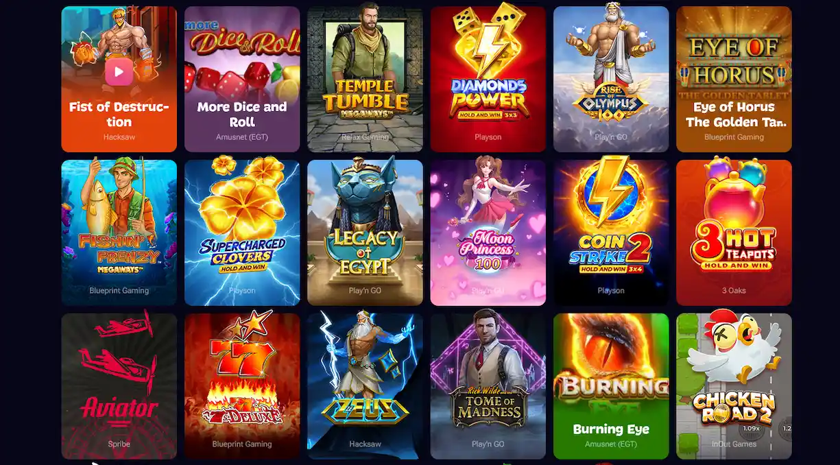 Beliebte Slot-Kacheln in der Gxmble-Lobby, darunter Zeus, Aviator und Chicken Road 2