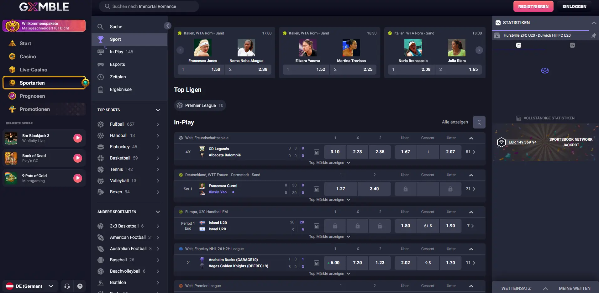 Sportwetten-Bereich von Gxmble mit Live-Quoten und In-Play-Statistiken